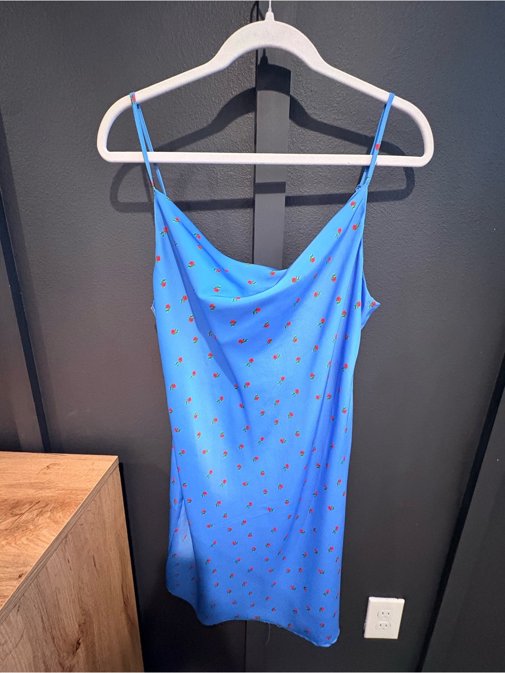 Urban Outfitters Blue Slip Dress with Tiny Red Floral Print